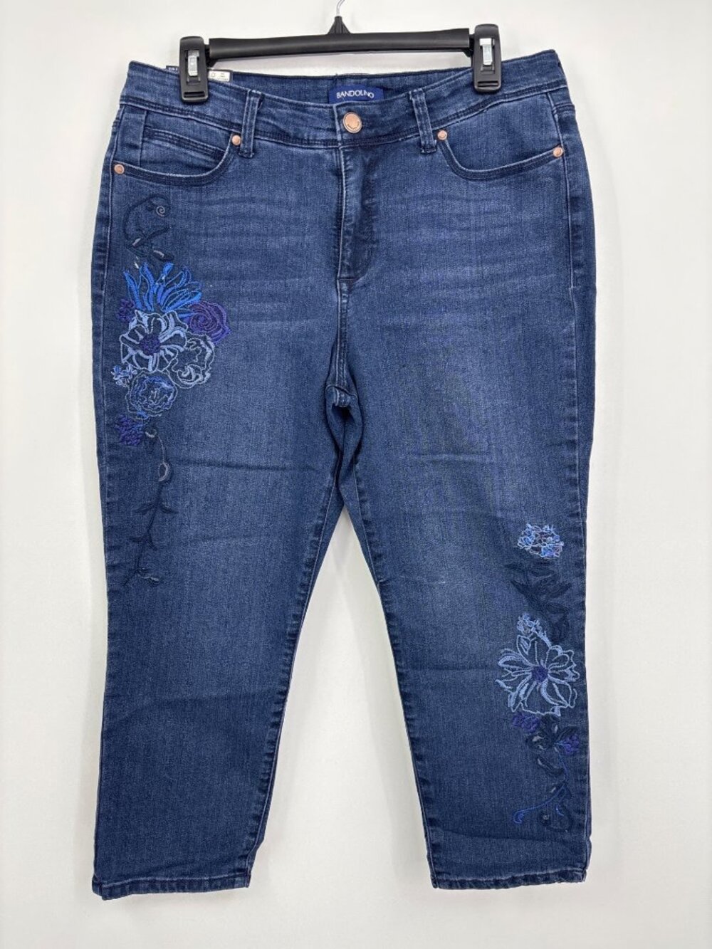 Bandolino Lisbeth Curvy Capri Denim Jean Embroidered Floral Dark Wash 12 NEW